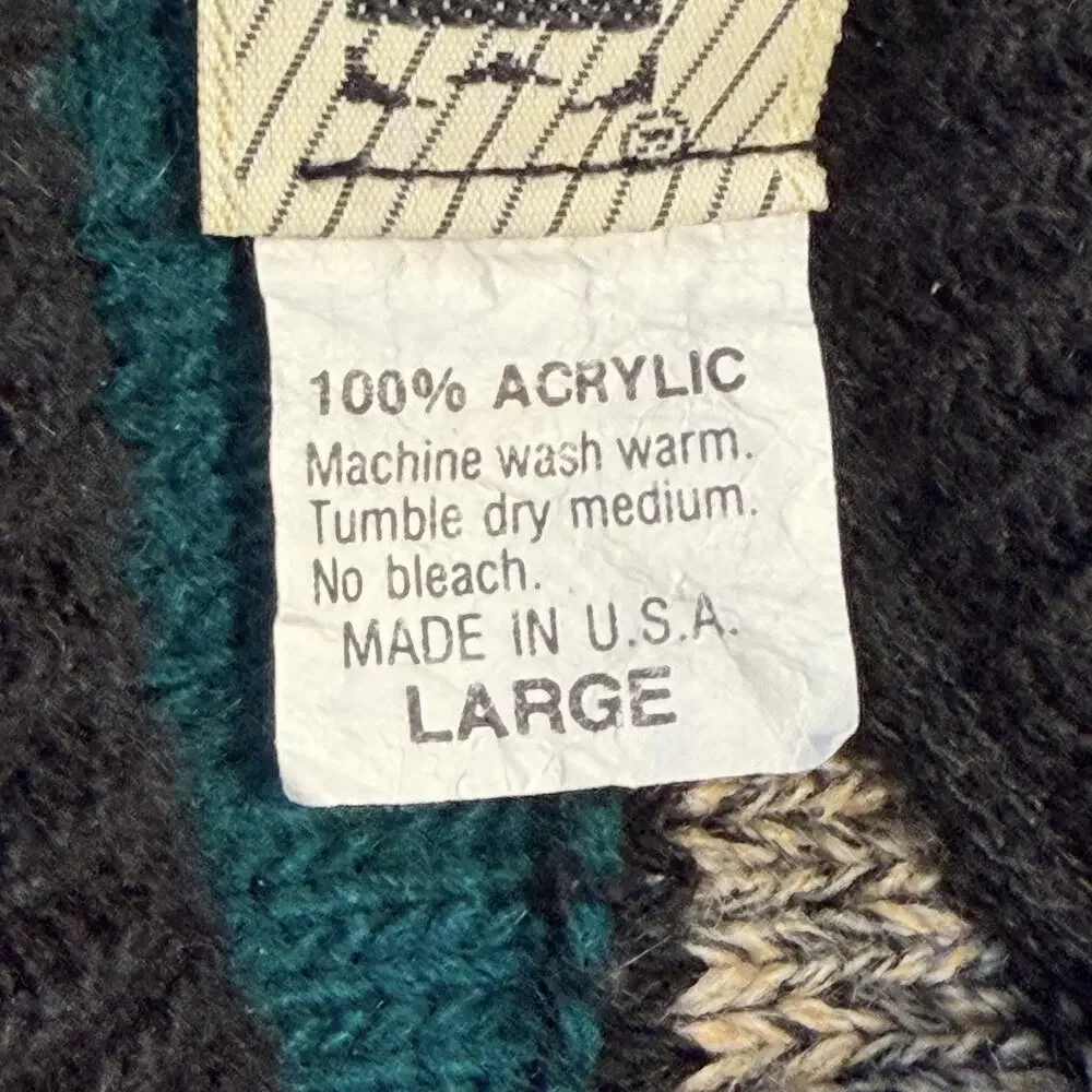 Vintage Jordache Sweater Mens Large Green Black Geometric Crewneck USA Knit 90s